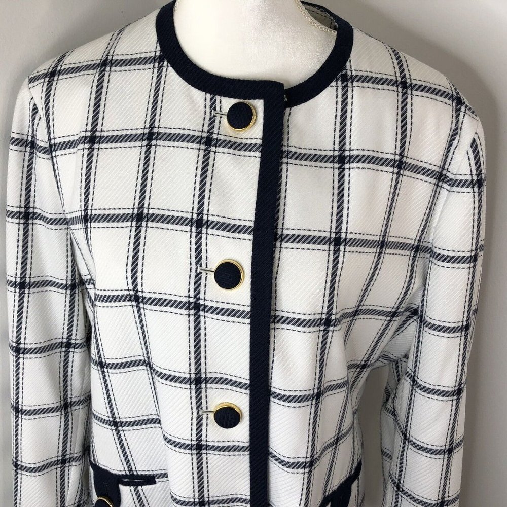 Executive Collection Womens Blazer Jacket Sz 14 White Blue Stripes Front Pockets